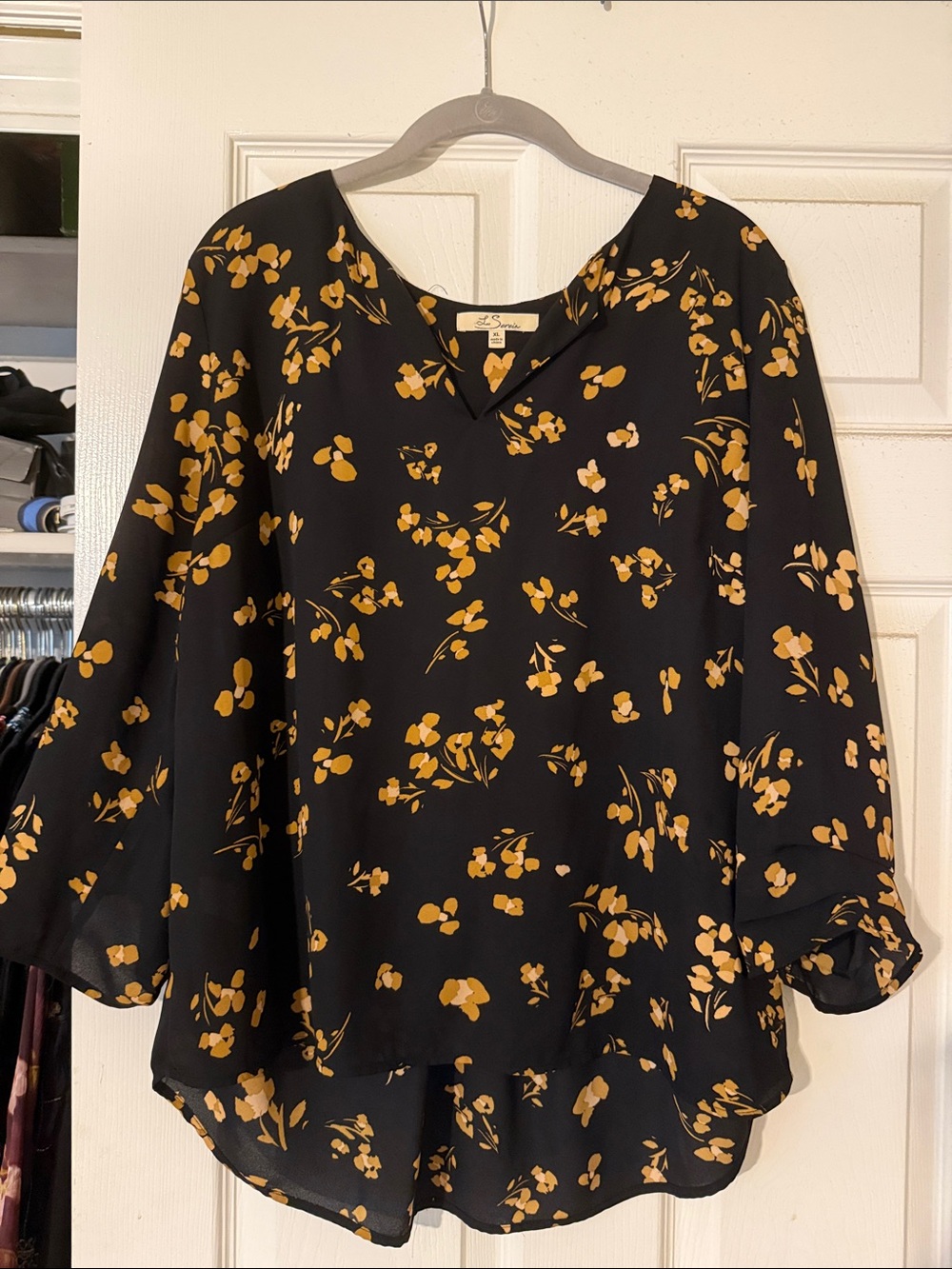 Black Floral V-Neck Blouse with Mustard Print